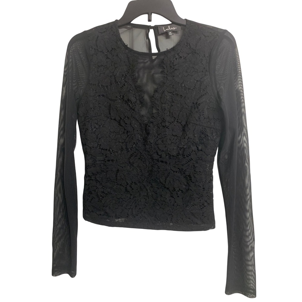 Lulus Black Floral Lace‎ Sheer Mesh Long Sleeve Keyhole Back Top Medium